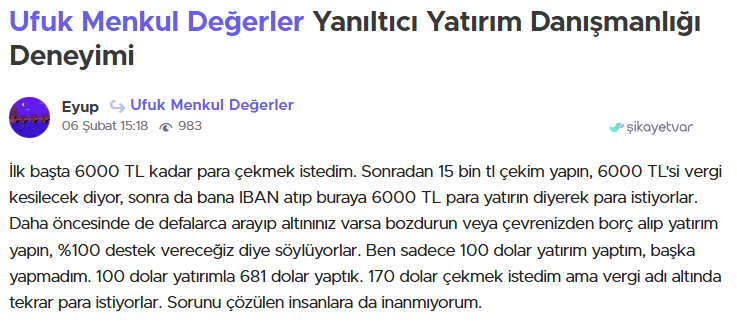 ufuk menkul degerler şikayet var