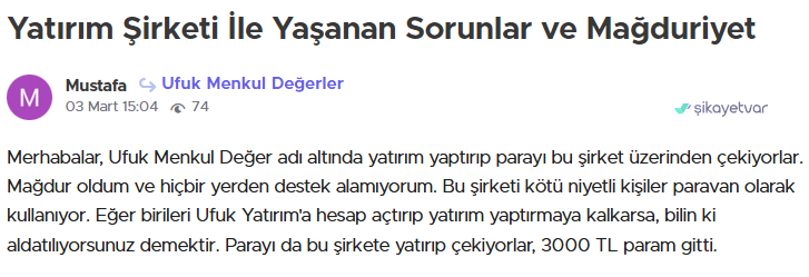 ufuk menkul degerler şikayet var