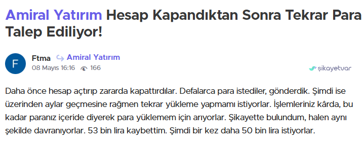 amiral yatırım şikayet