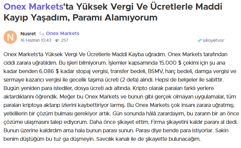 onex markets şikayet