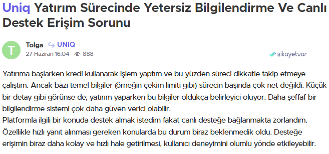 uniq investment şikayet
