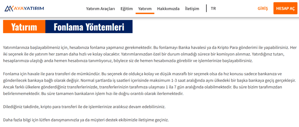 aya yatırım ödeme yöntemleri