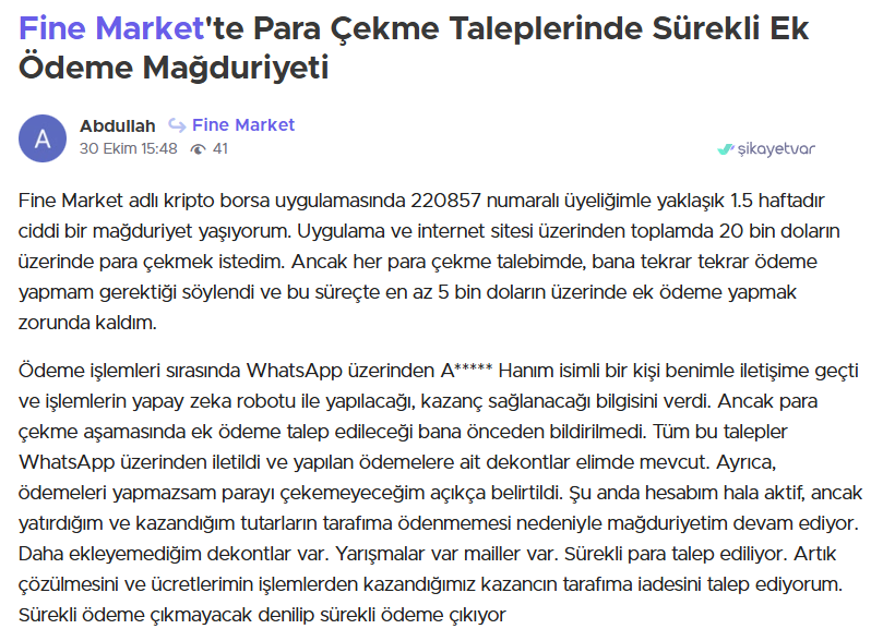 fine markets şikayet