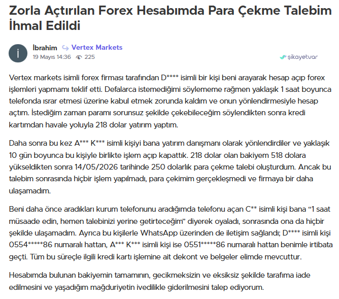 vertex markets şikayet