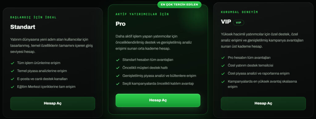artemis markets hesap türleri