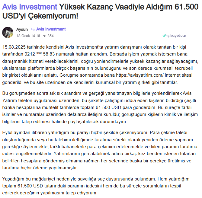 avis investment şikayet