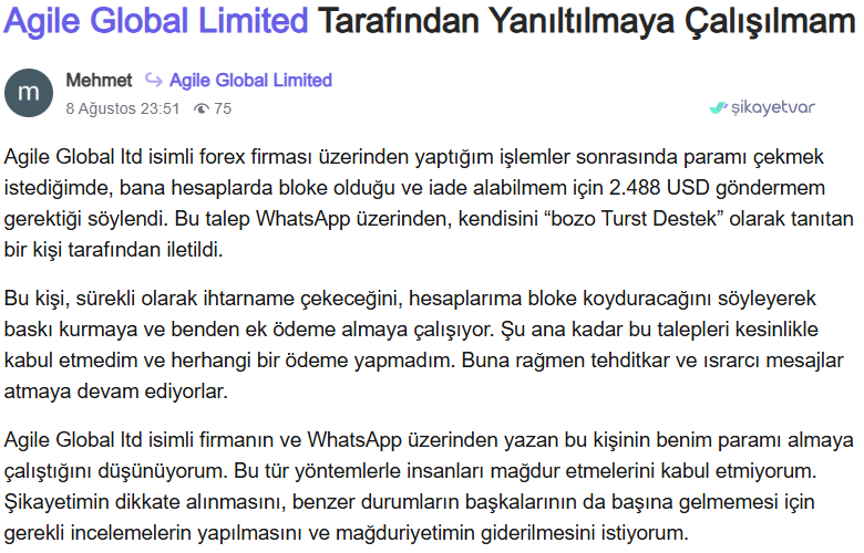 agile global limited şikayet