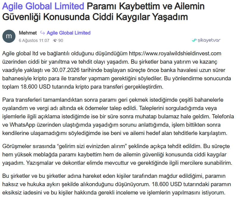 agile global limited şikayet